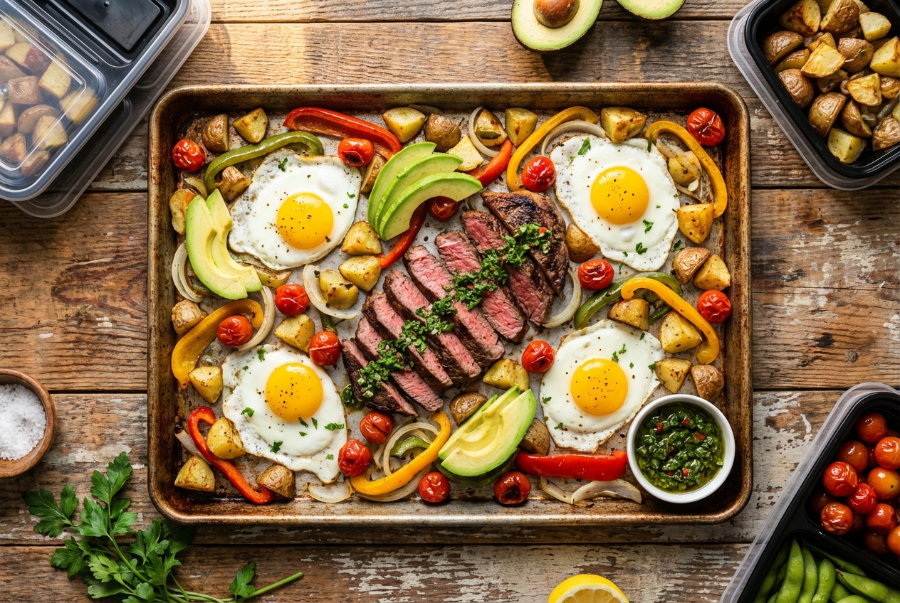Sheet pan with sliced steak and baked eggs with golden yolks and chive garnish