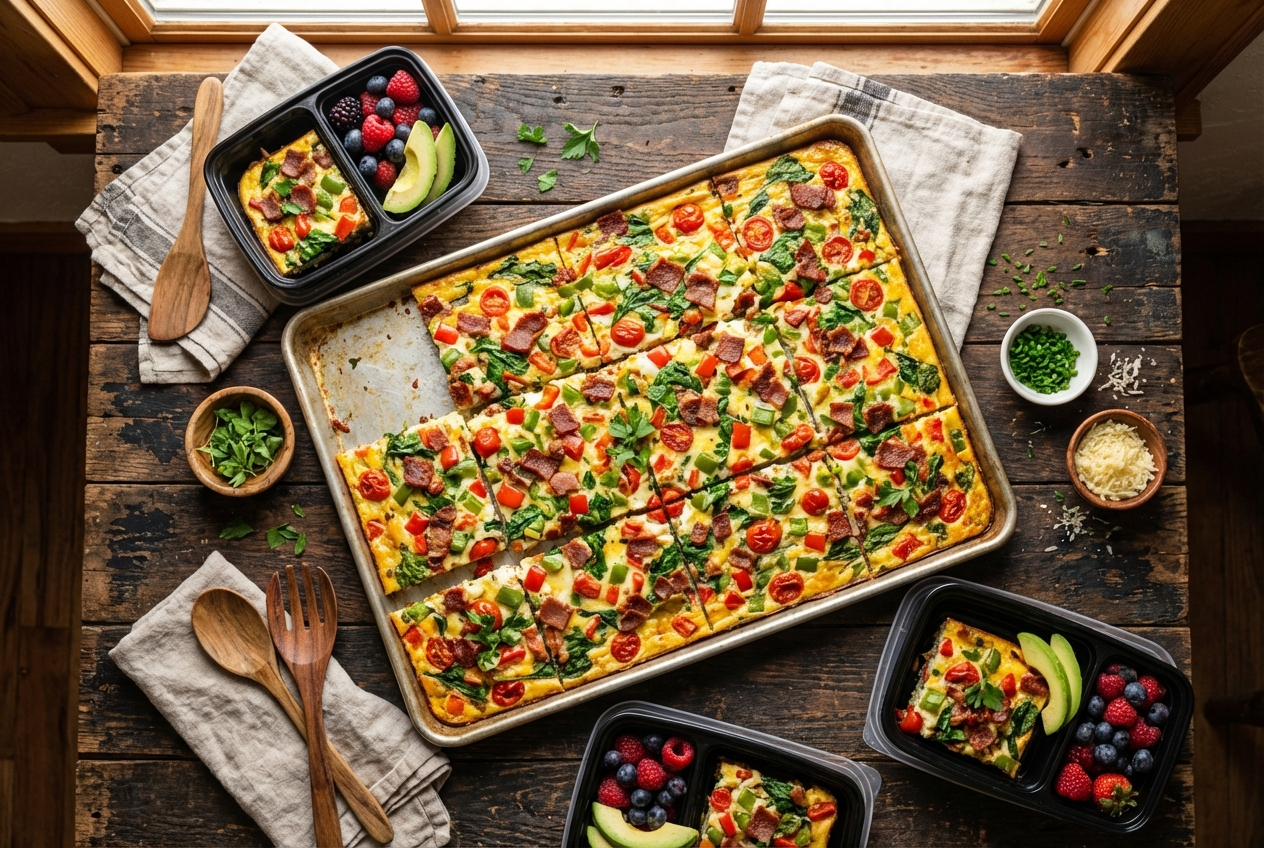 Sheet pan with baked eggs, crispy turkey bacon, and golden sweet potato cubes