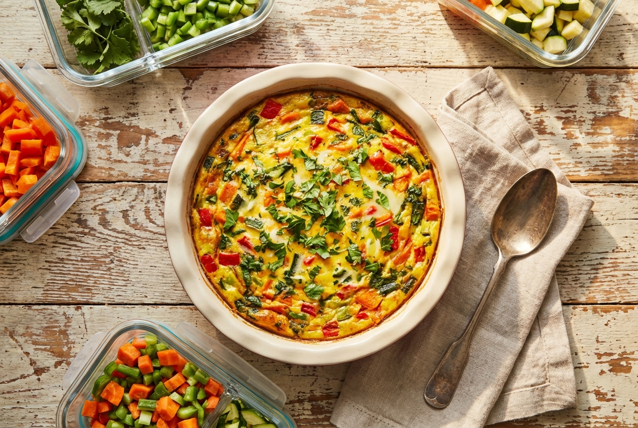 Sliced egg casserole from a slow cooker with visible vegetables and melted Swiss cheese