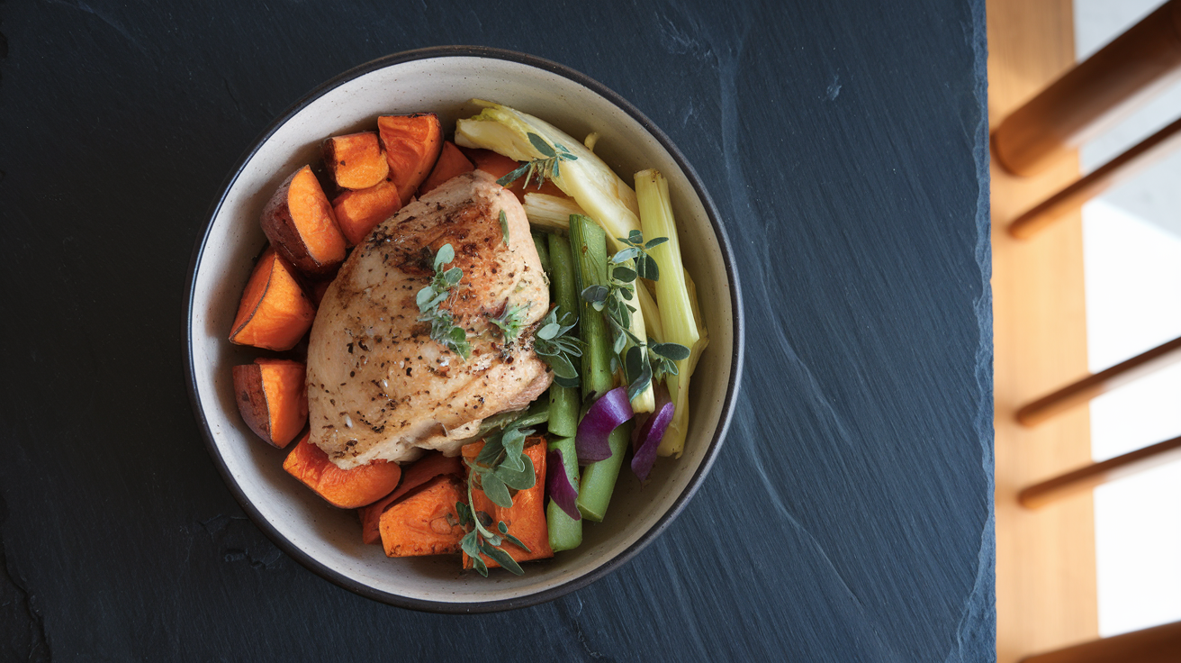 High-protein sweet potato chicken bowl with roasted orange cubes, sliced chicken breast, black beans, and green avocado crema
