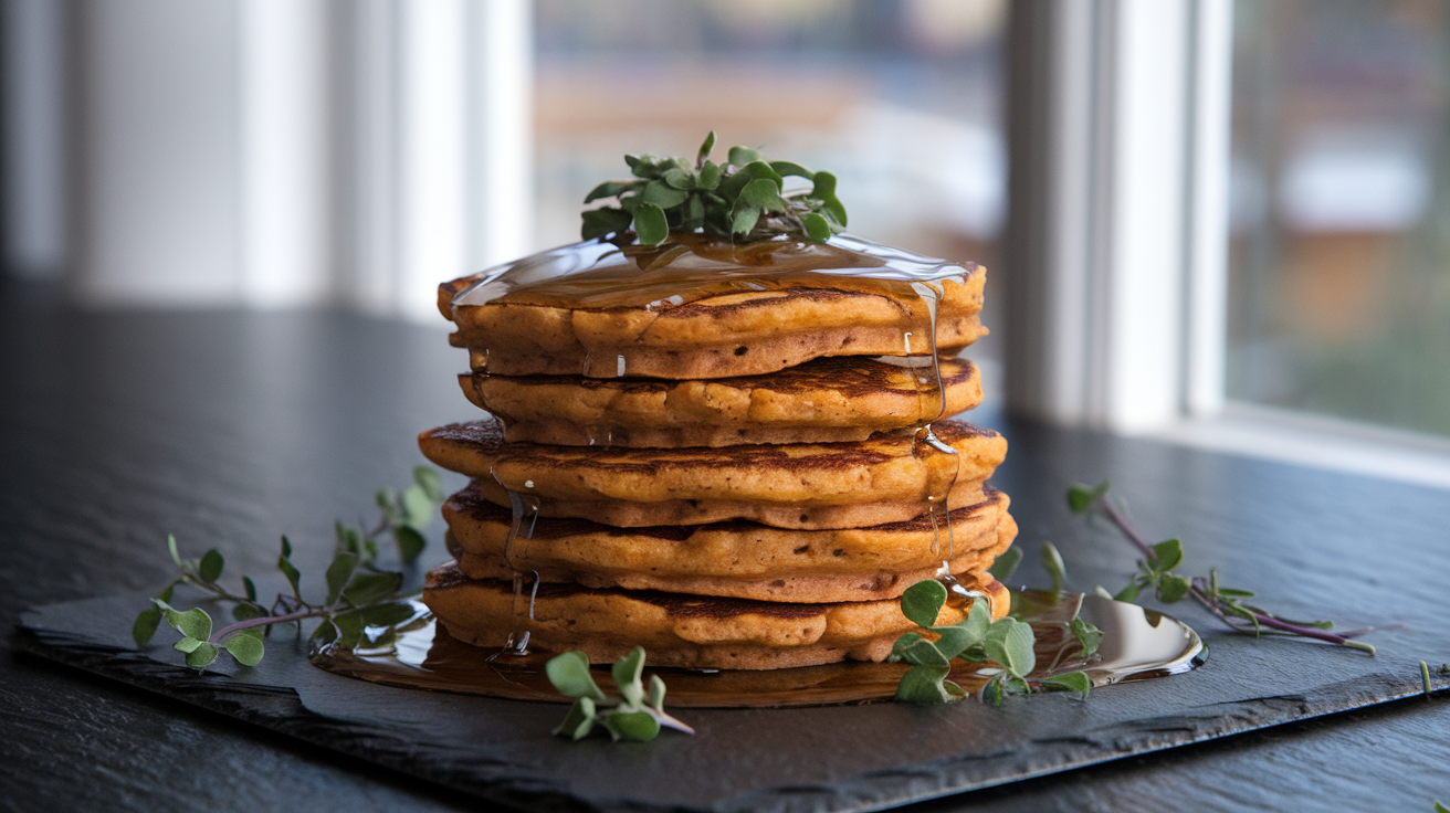 Stack of fluffy orange-tinted sweet potato protein pancakes topped with Greek yogurt and fresh blueberries