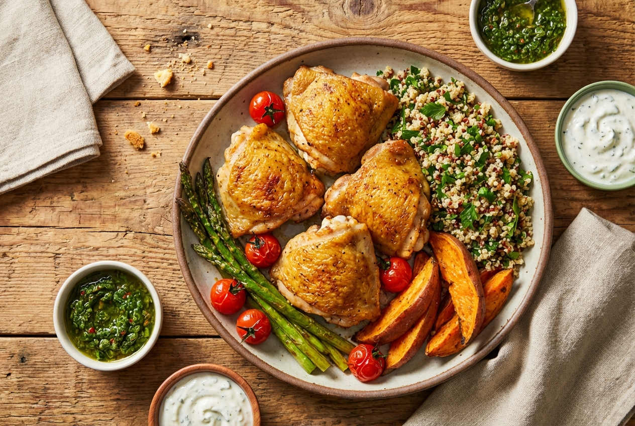 Golden-brown crispy chicken thighs with paprika seasoning on a white plate with lemon wedges