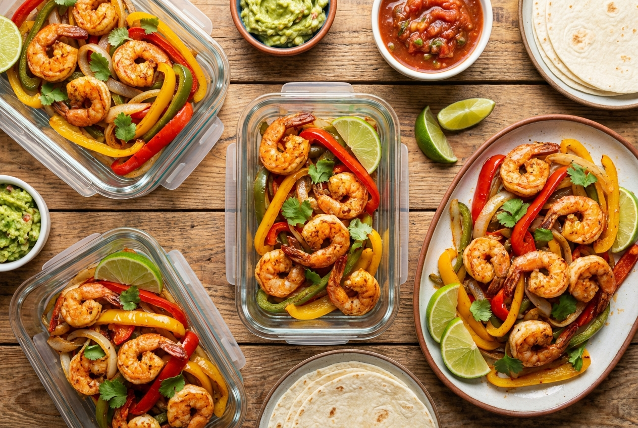 Sizzling air fryer shrimp fajitas with charred peppers and onions on a platter with lime wedges