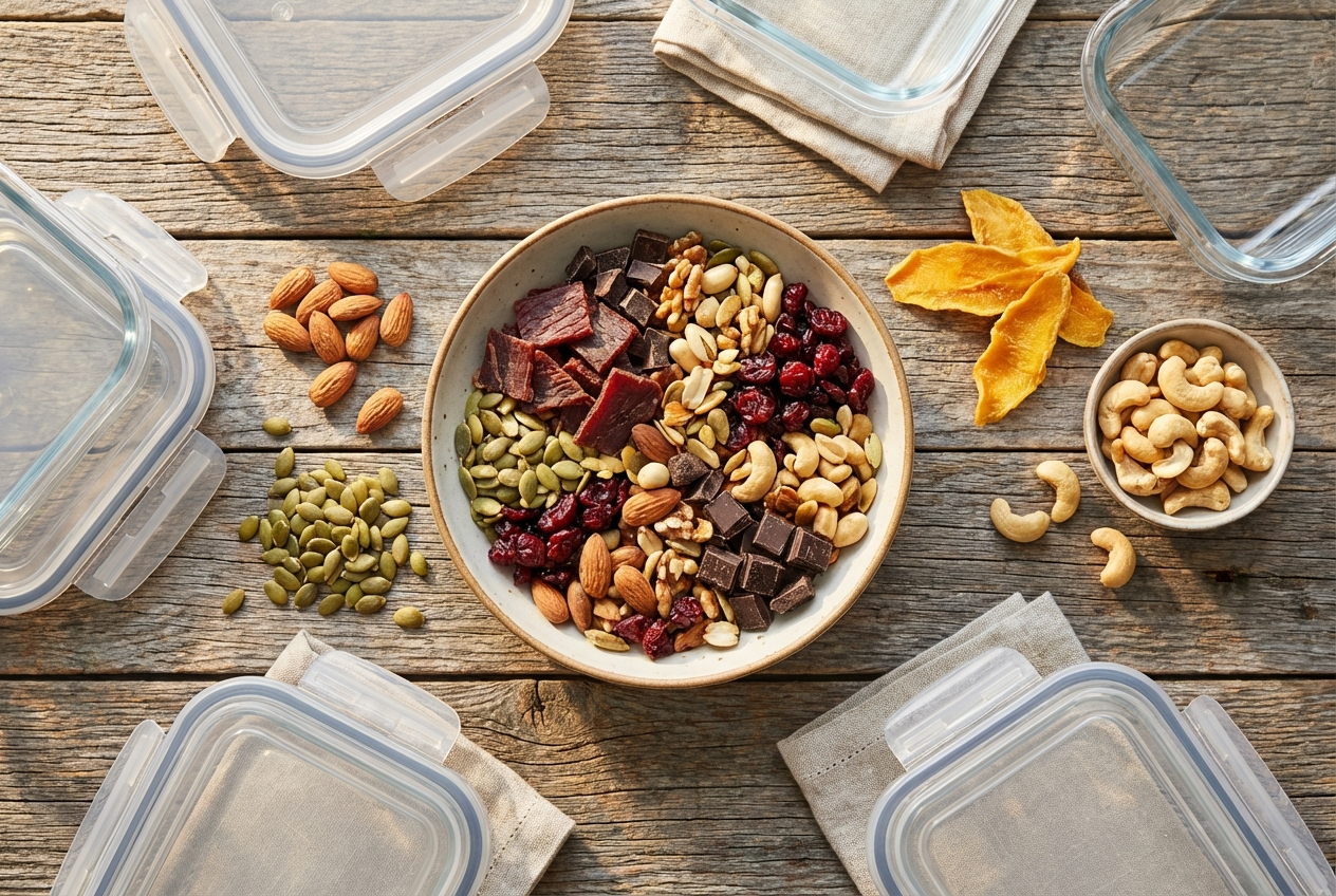 Trail mix with beef jerky pieces, almonds, dark chocolate chips, and dried cranberries in a mason jar