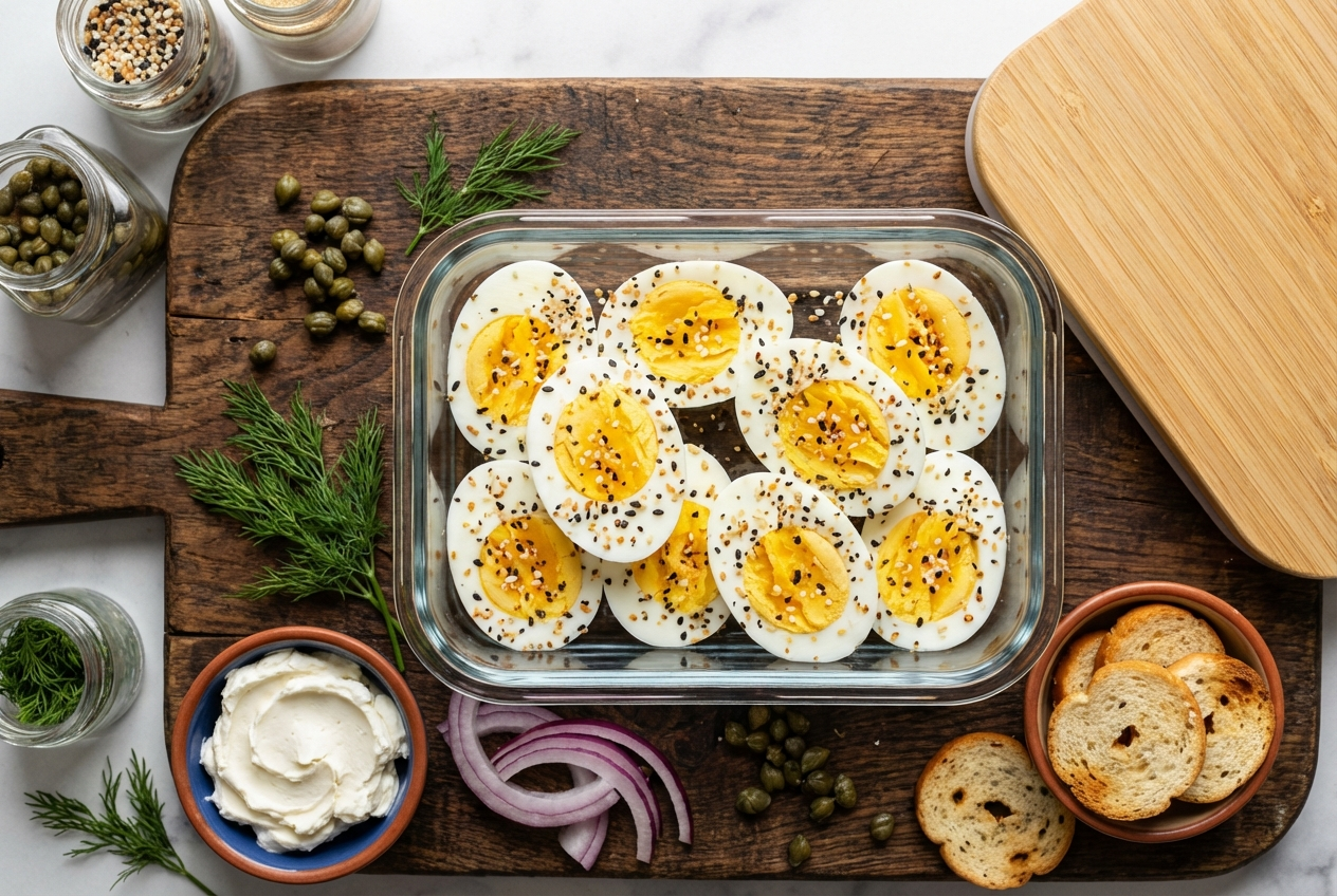 Halved hard-boiled eggs generously coated with everything bagel seasoning on a small plate