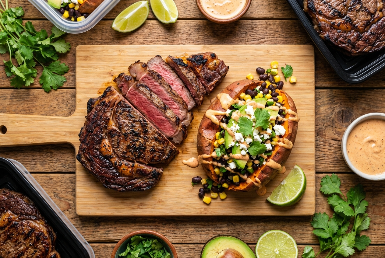 Sliced grilled New York strip steak next to a split sweet potato loaded with Greek yogurt and green onions