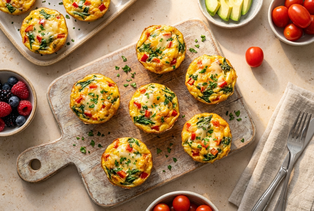 Golden egg muffin cups in a muffin tin showing turkey sausage, peppers, and melted cheese