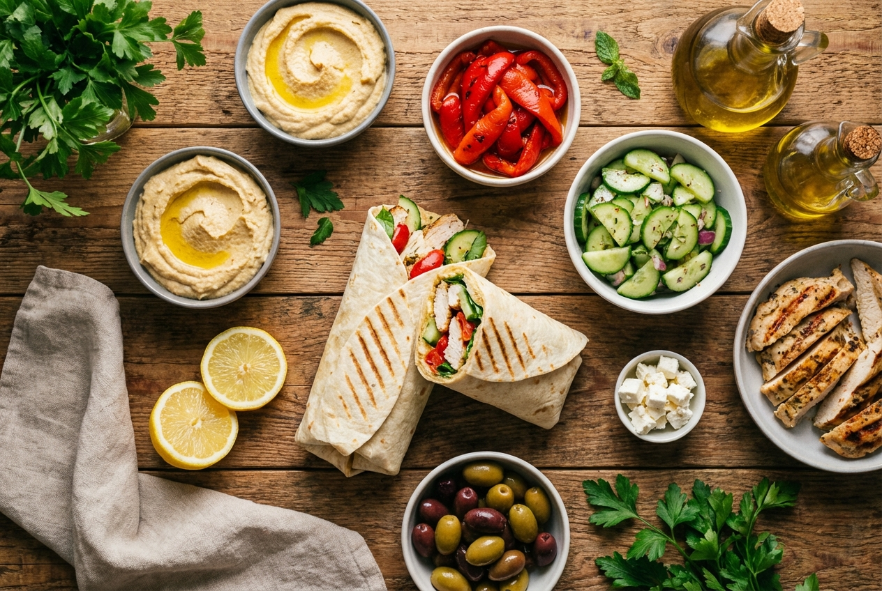 Sliced Mediterranean wrap showing layers of grilled chicken, hummus, vegetables, and feta cheese