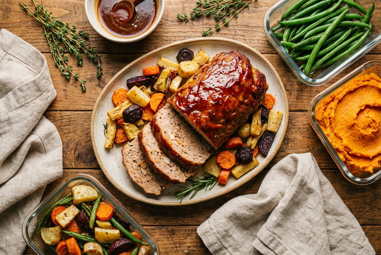 Sliced turkey meatloaf with glossy tomato-brown sugar glaze on a cutting board