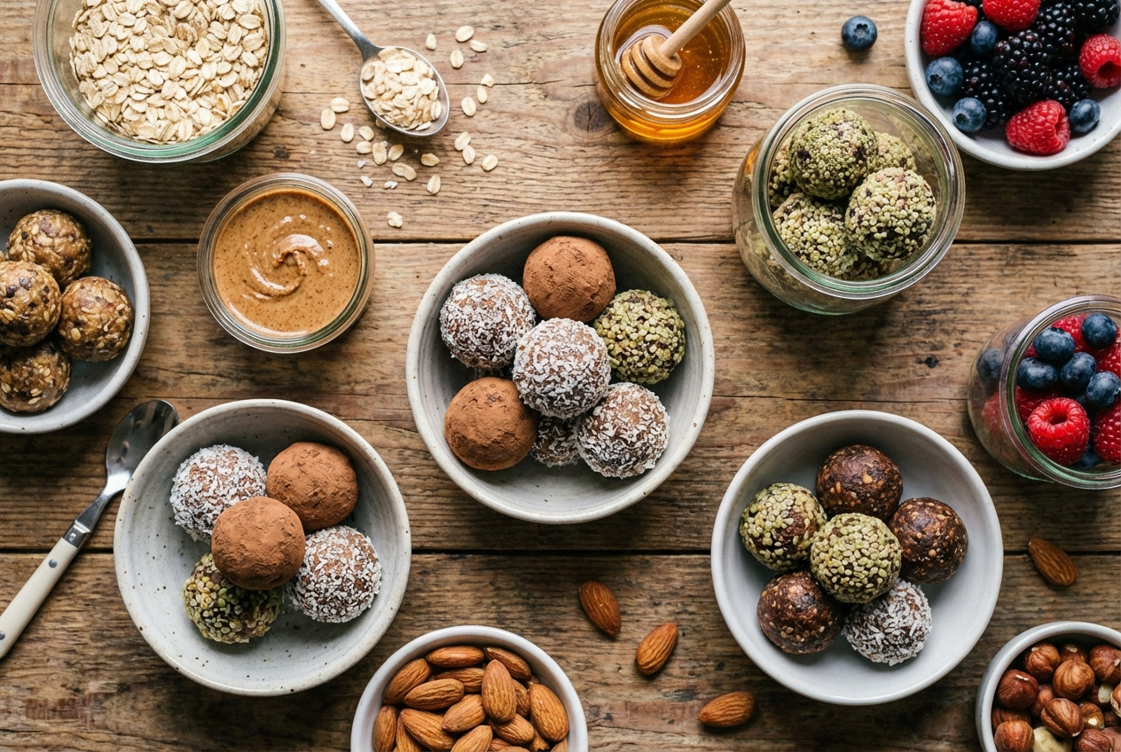 Round chocolate protein energy balls on parchment paper with mini chocolate chips visible
