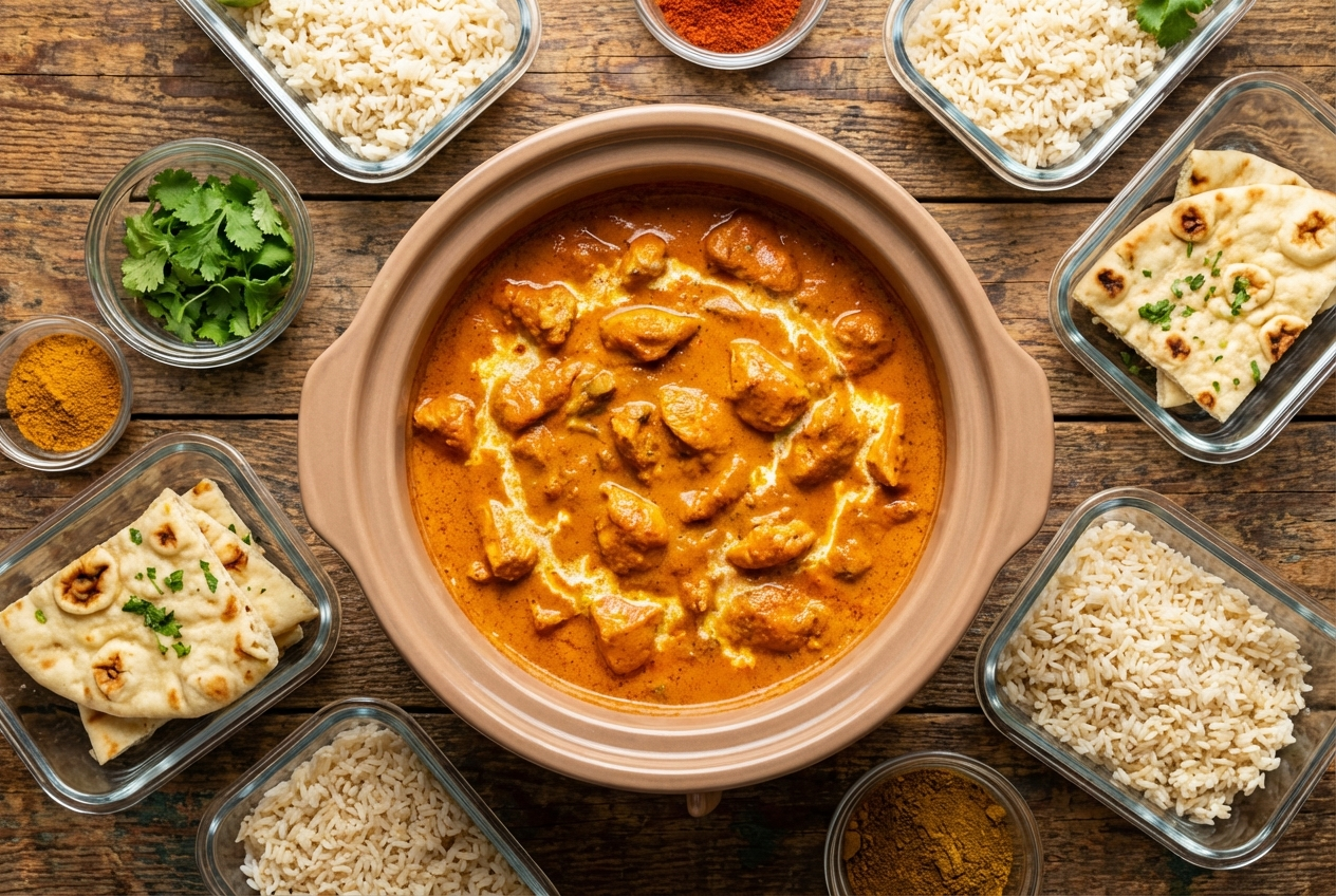 Creamy orange chicken tikka masala in a bowl over fluffy basmati rice, garnished with fresh cilantro