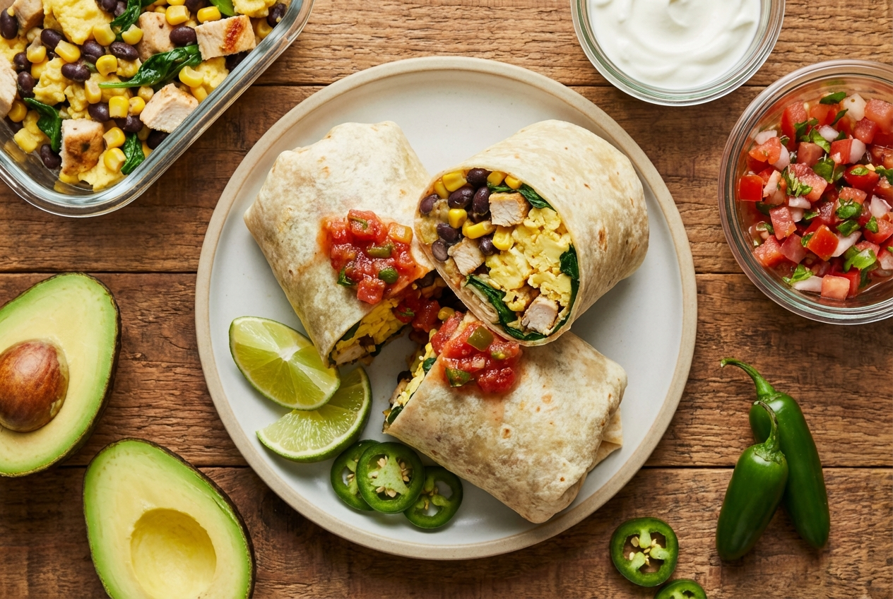 Cut-open southwest breakfast burrito revealing scrambled eggs, ground turkey, black beans, and melted pepper jack cheese
