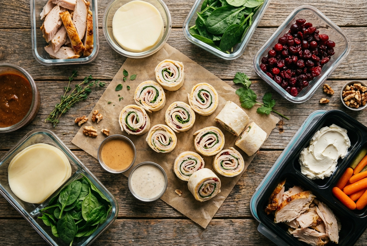 Turkey and cheese roll-ups secured with toothpicks alongside pickles on a snack plate
