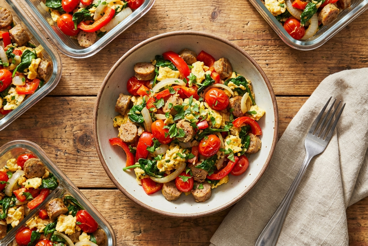Colorful scrambled eggs with turkey sausage, red peppers, spinach, and melted mozzarella in a skillet
