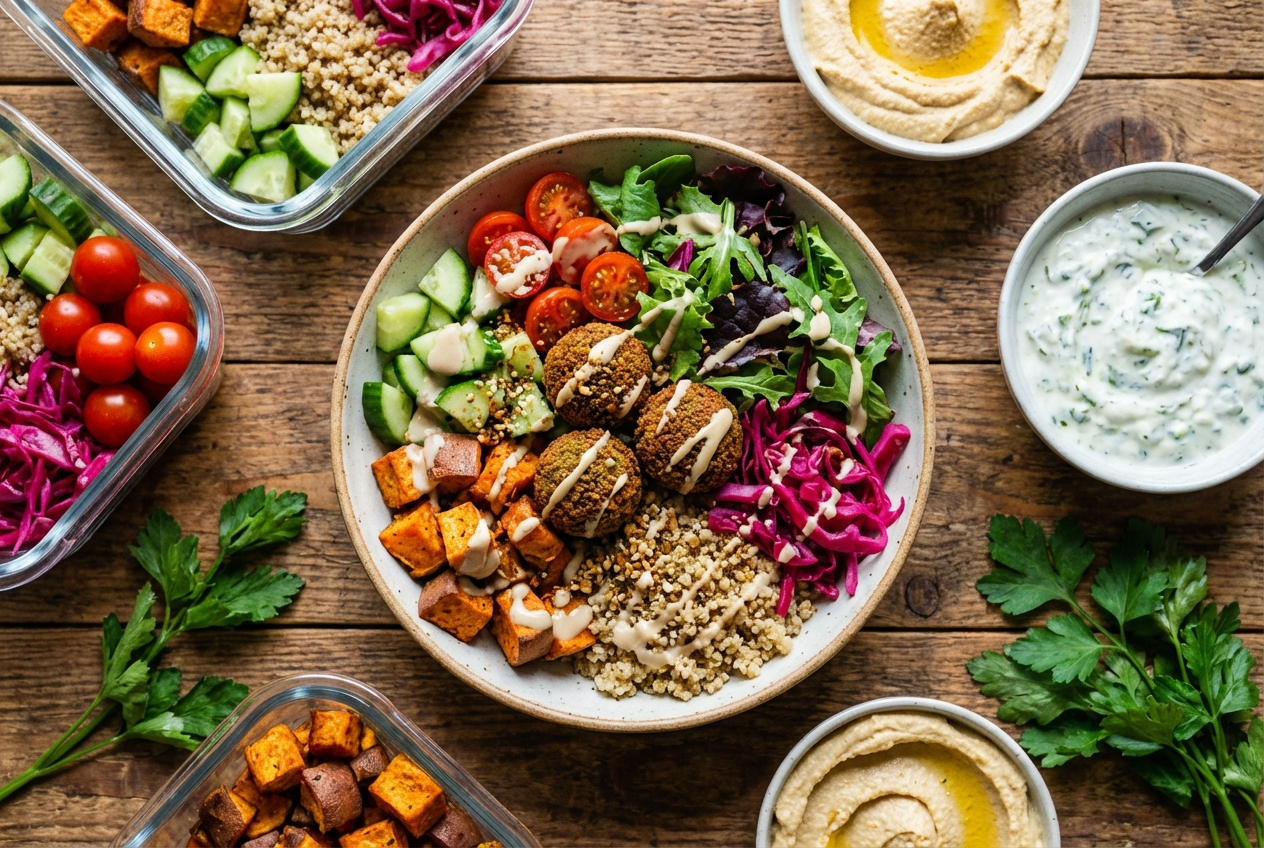 Power bowl with crispy golden falafel, fluffy quinoa, diced cucumber, cherry tomatoes, and drizzled tahini