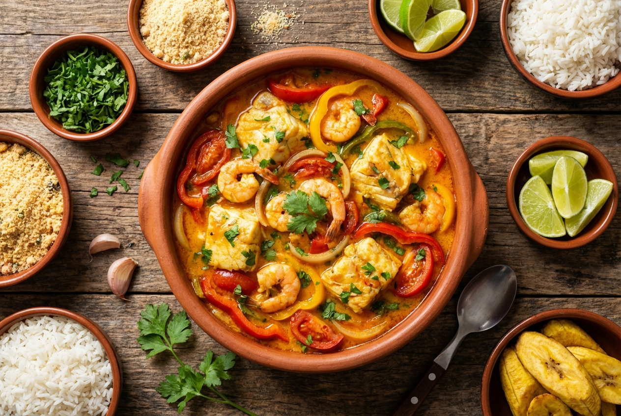 Vibrant Brazilian moqueca fish stew with golden coconut broth, peppers, and fresh cilantro in a clay pot
