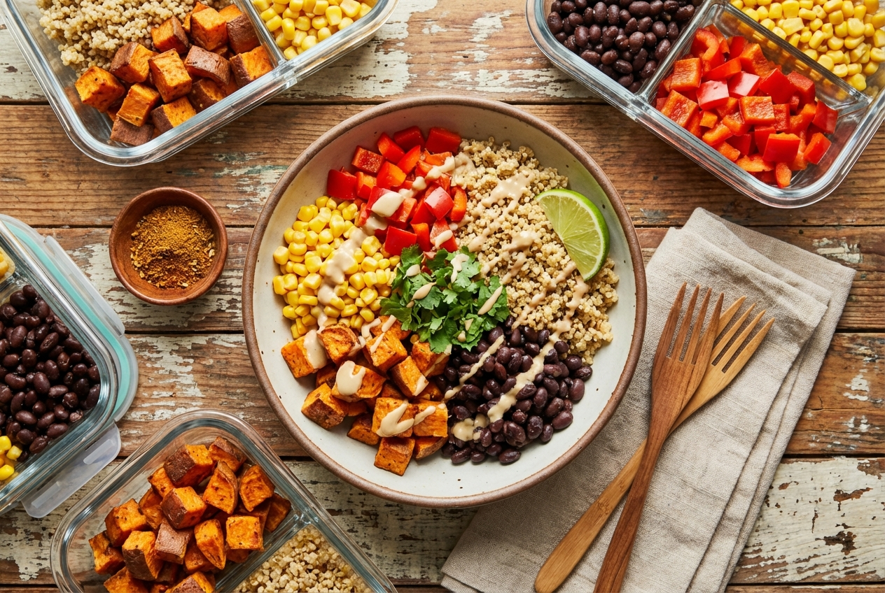 Colorful quinoa and black bean bowl with corn, red pepper, avocado slices, and fresh cilantro