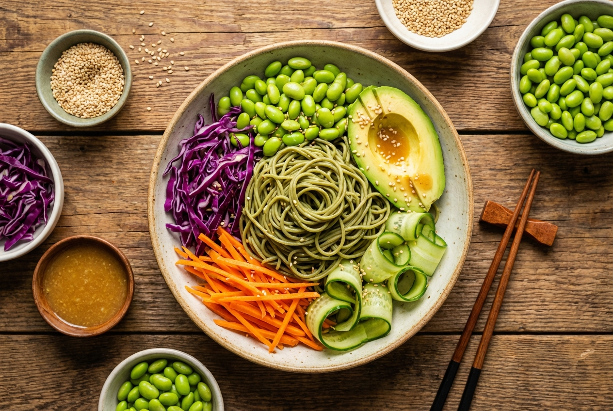 Colorful cold soba noodle salad with edamame, purple cabbage, and carrots in a ginger-miso dressing