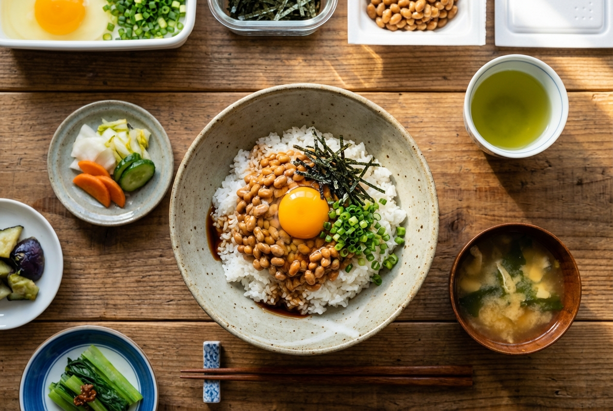 Japanese breakfast bowl with sticky natto, soft-boiled egg halves, and nori strips over white rice