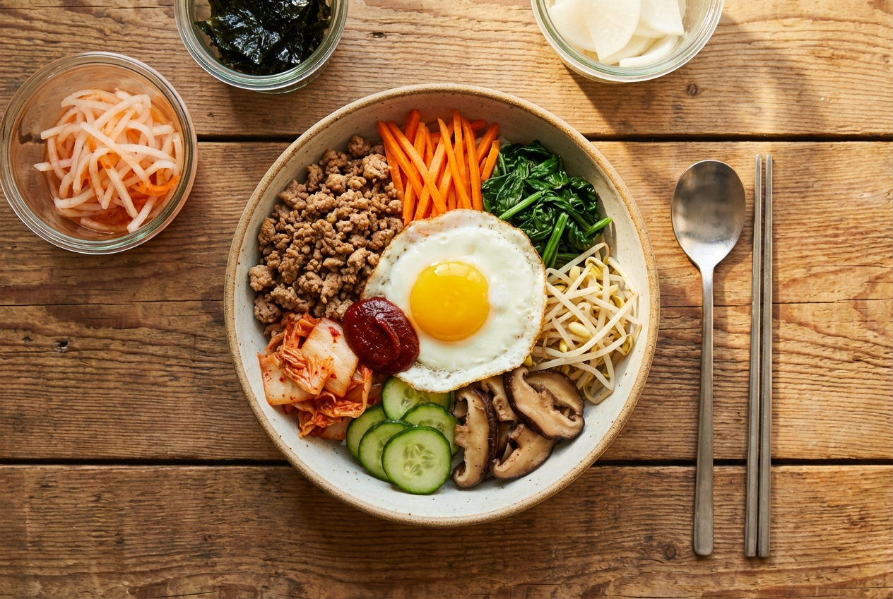 Colorful bibimbap bowl with ground turkey, assorted vegetables, a fried egg, and red gochujang sauce