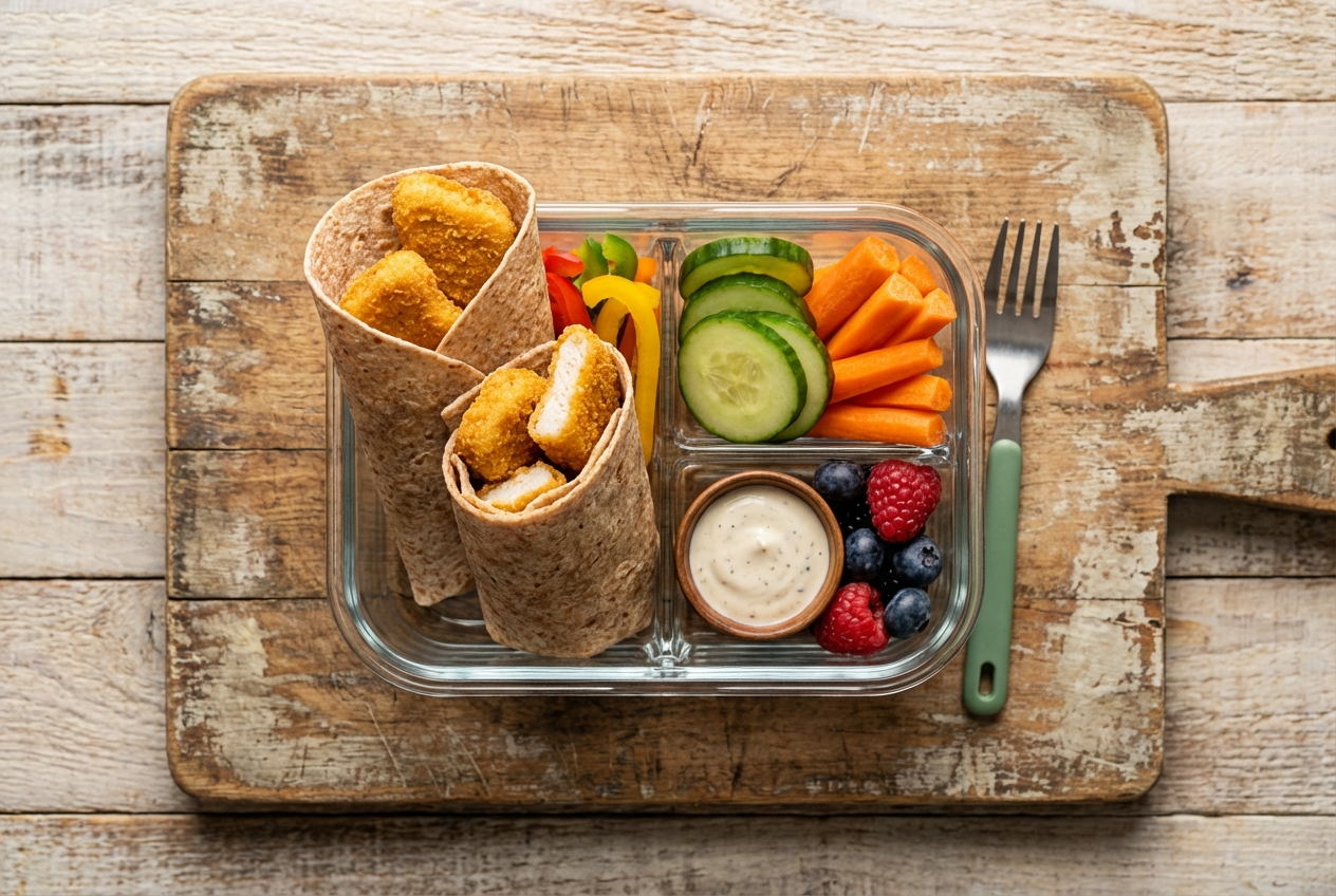 Whole wheat wrap cut in half showing golden chicken nuggets, melted cheese, and lettuce inside