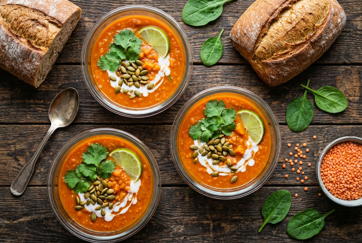 Creamy orange-colored red lentil and sweet potato soup with wilted spinach in a bowl