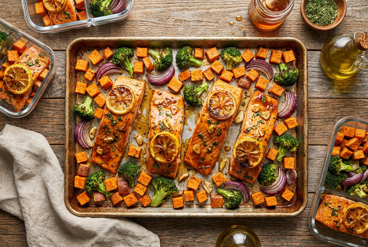 Sheet pan with glazed honey garlic salmon fillets, roasted sweet potato cubes, and charred broccolini
