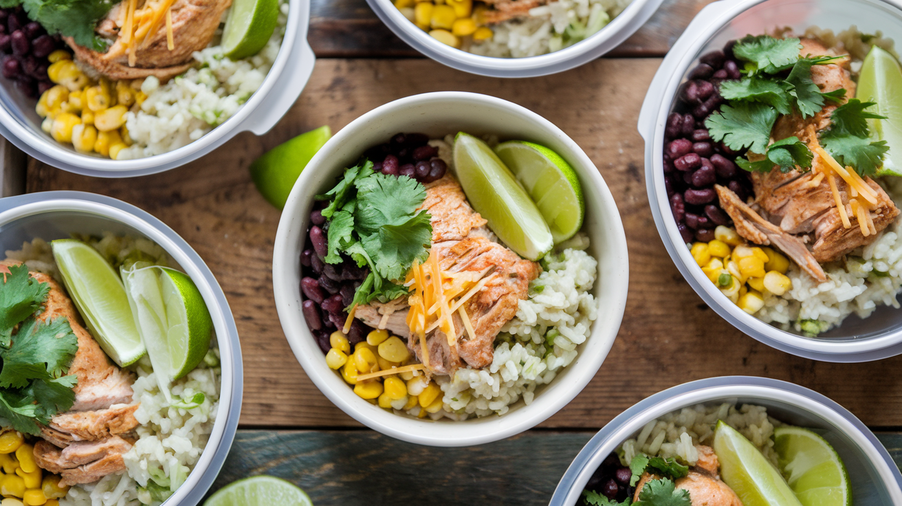 Six meal prep containers with Instant Pot chicken burrito bowls featuring shredded chicken, cilantro lime rice, black beans, corn, and avocado