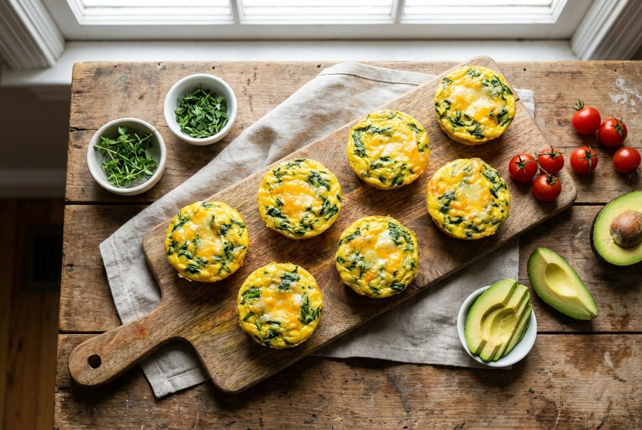 Round egg bites with green spinach flecks cooling on a plate fresh from the Instant Pot
