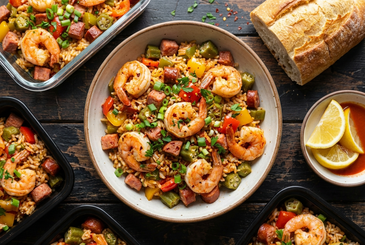 Bowl of Cajun jambalaya with pink shrimp, sliced sausage, and rice in a spicy tomato sauce