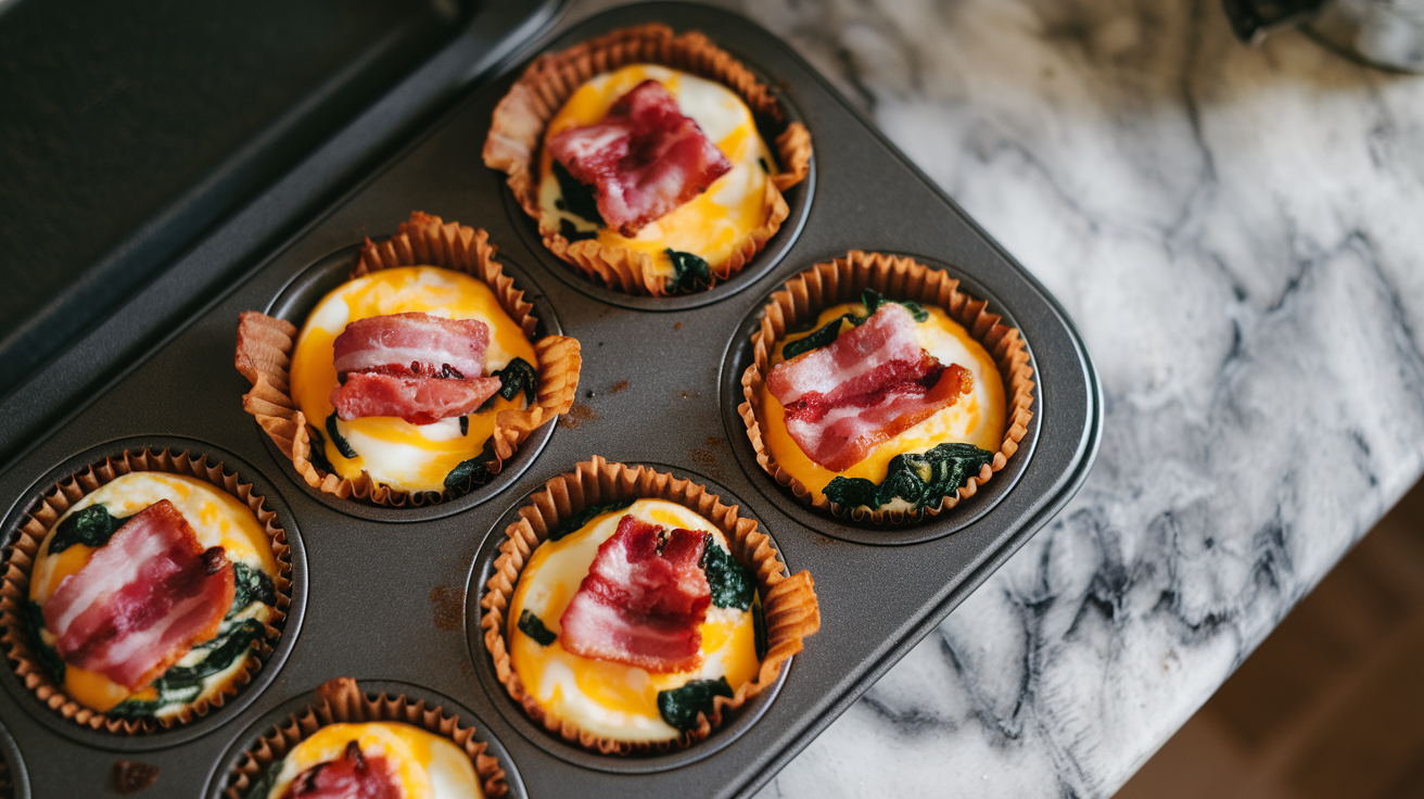 Golden egg muffin cups in a muffin tin with visible bits of bacon, melted cheese, and green spinach