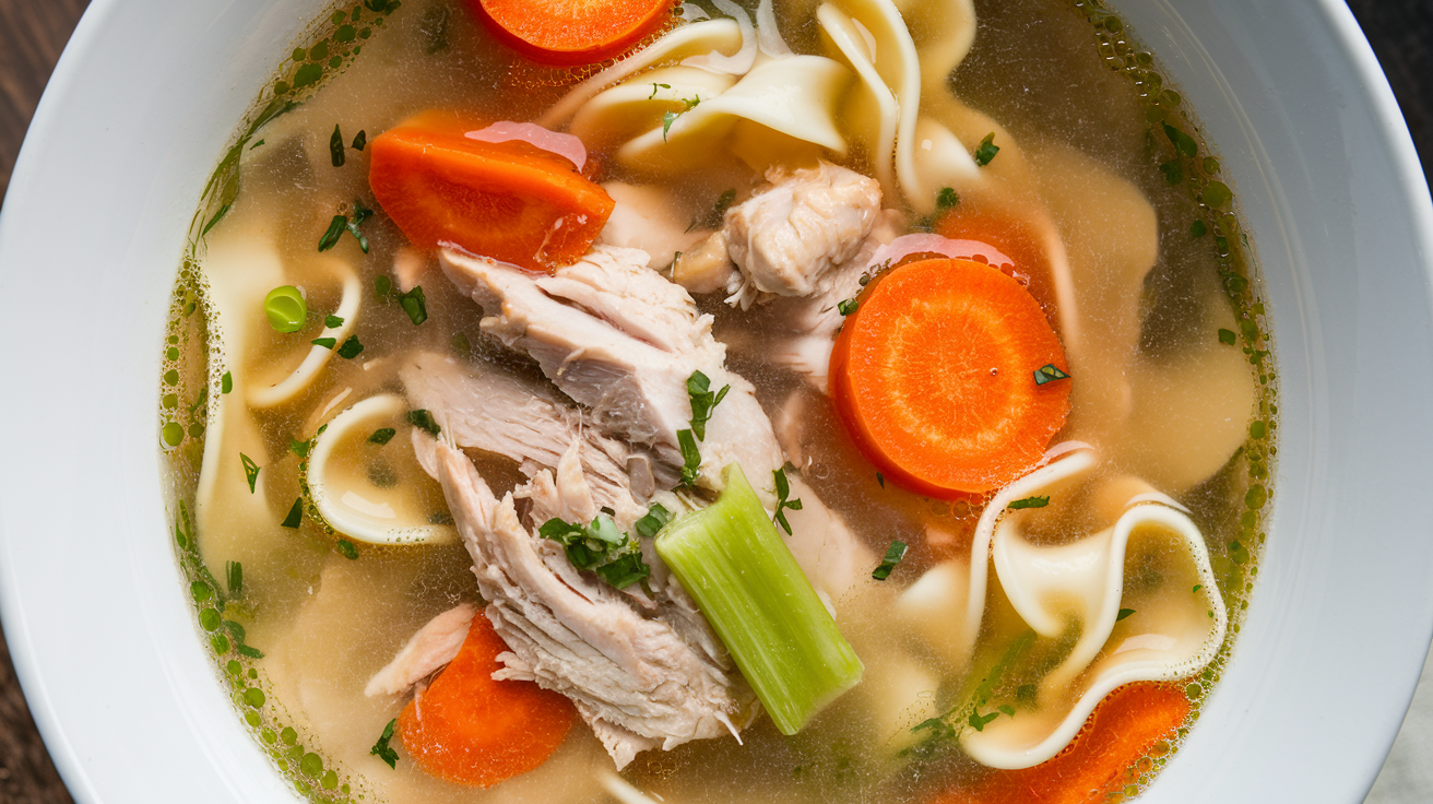 A comforting bowl of homemade chicken soup with shredded chicken, egg noodles, carrots, celery, and fresh parsley