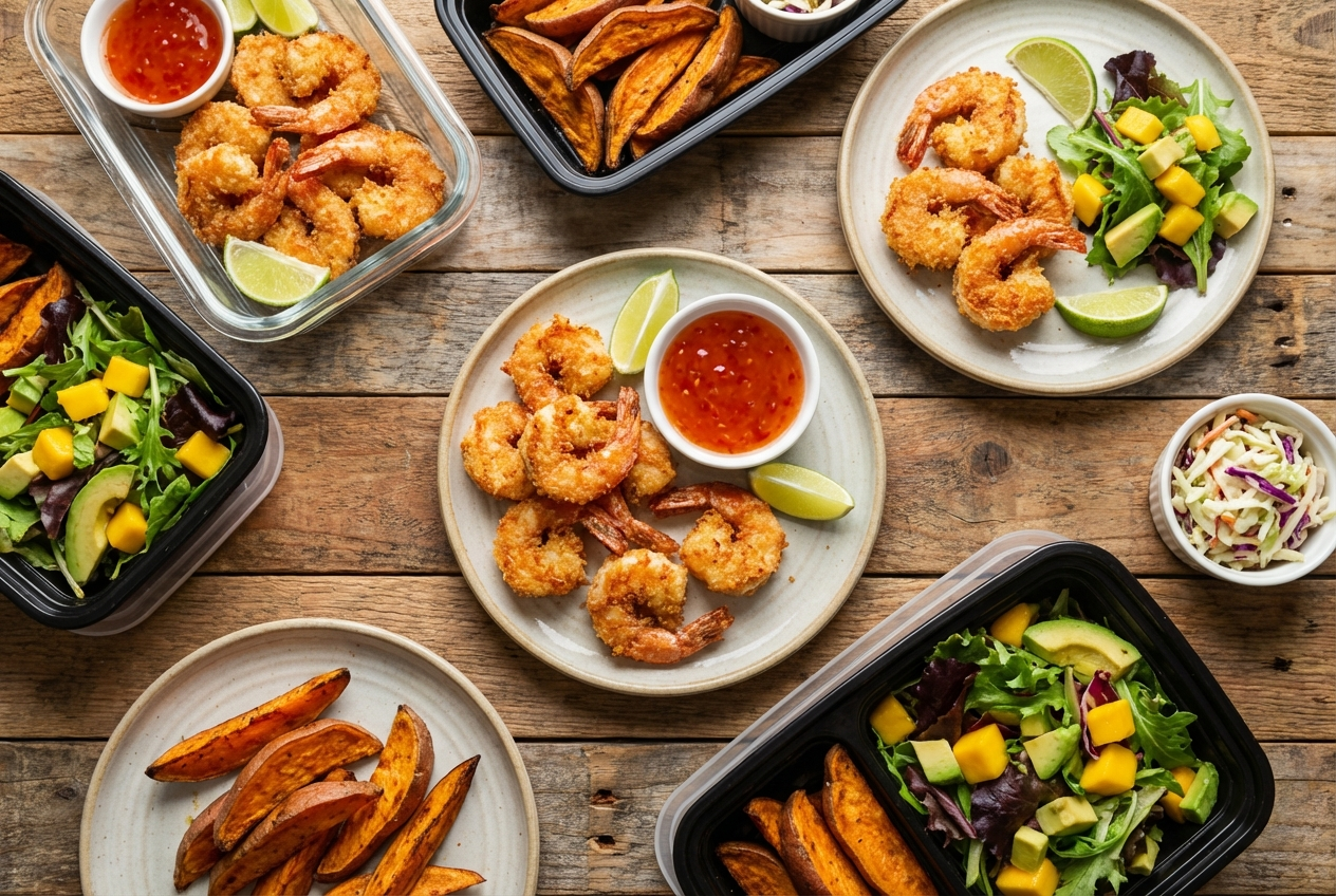 Plate of golden coconut-crusted shrimp with white jasmine rice, steamed broccoli, and a small dish of sweet chili sauce