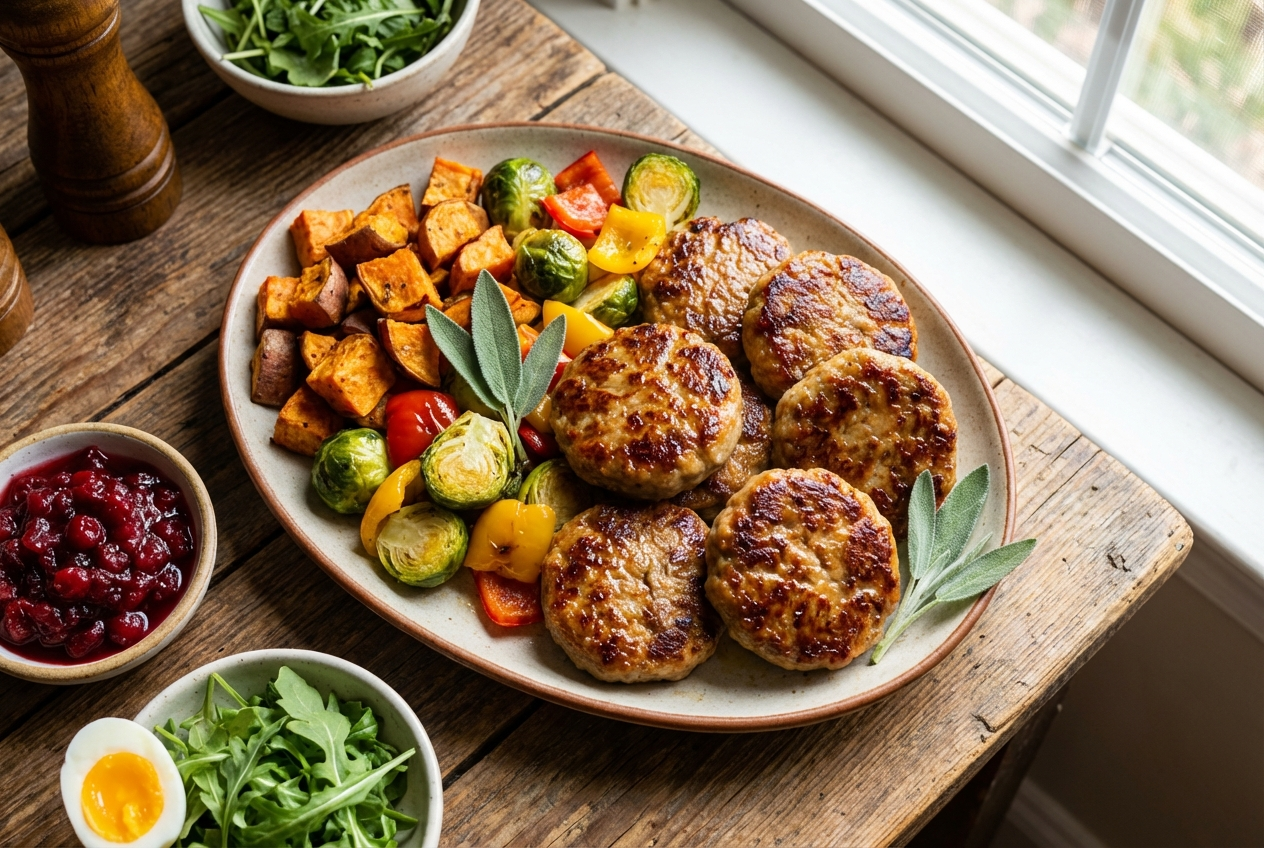 Golden brown turkey sausage patties arranged on a white plate with fresh sage leaves as garnish