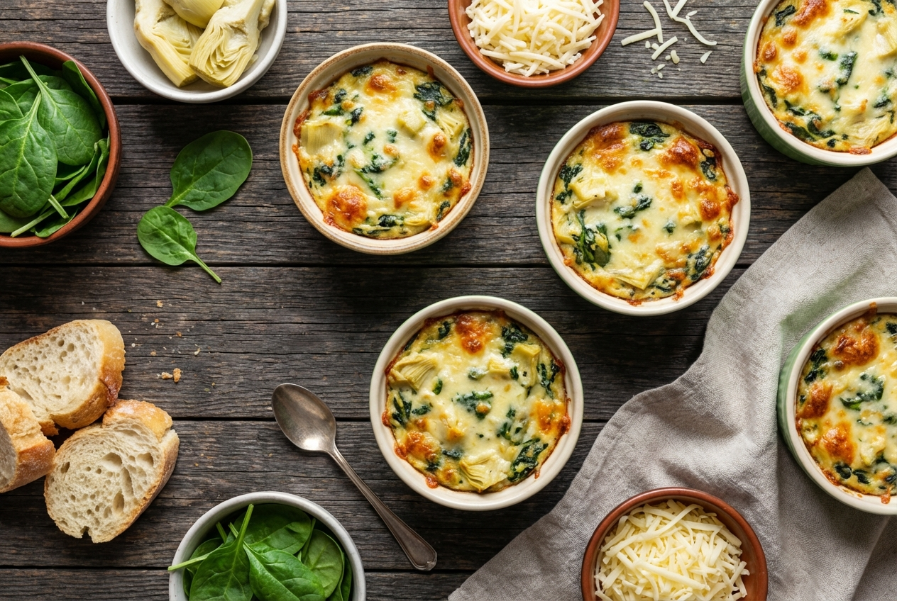 Mini muffin tin filled with golden wonton cups stuffed with creamy green spinach artichoke filling and melted cheese on top