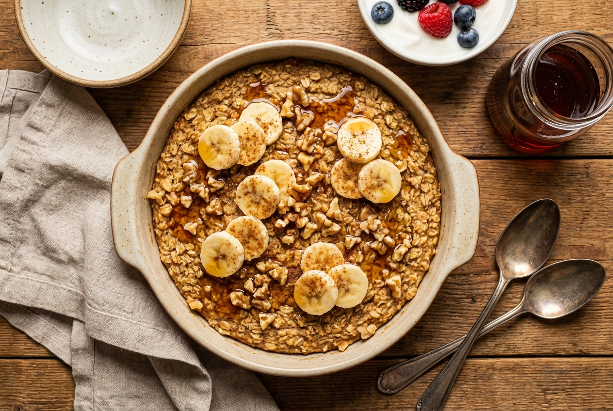 Sliced banana walnut baked oatmeal in a white baking dish with golden-brown top and visible walnut pieces
