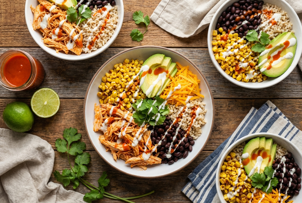 Meal prep bowl of shredded orange buffalo chicken over white rice with diced celery, green onions, and a side of ranch dressing