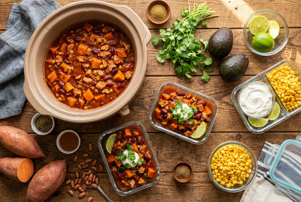 Bowl of rich turkey and sweet potato chili with visible sweet potato chunks and black beans in a deep red sauce