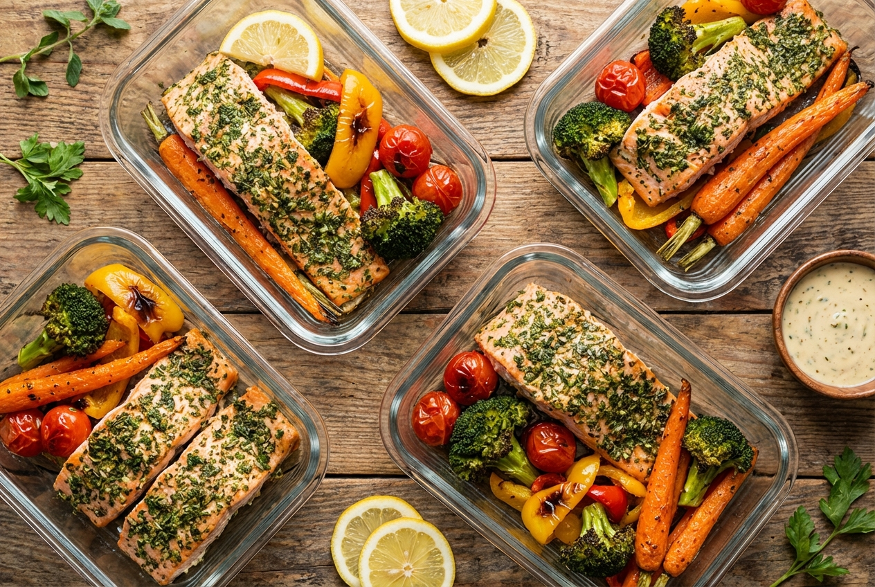 Sheet pan with four herb-crusted salmon fillets surrounded by roasted Brussels sprouts and carrot coins with lemon wedges