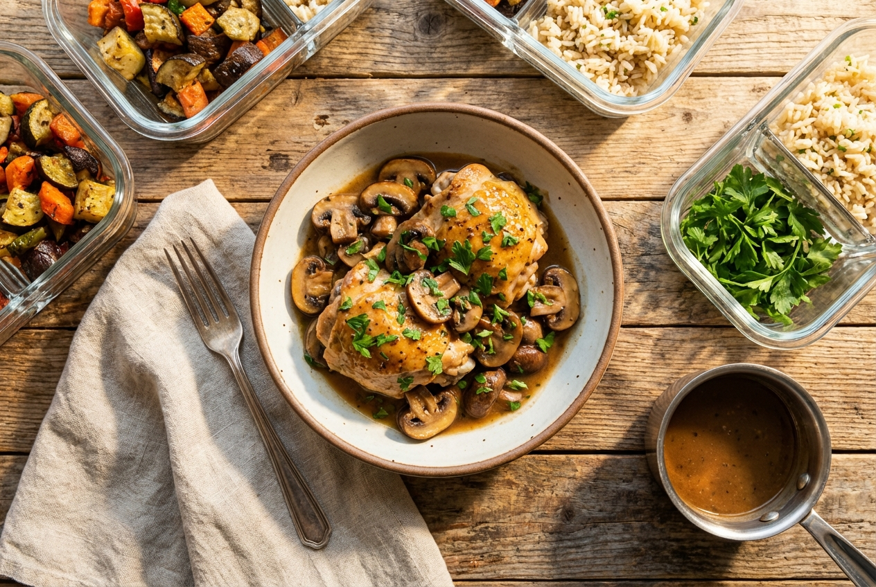 Instant Pot chicken Marsala with golden chicken breasts in a rich brown mushroom sauce with fresh parsley garnish