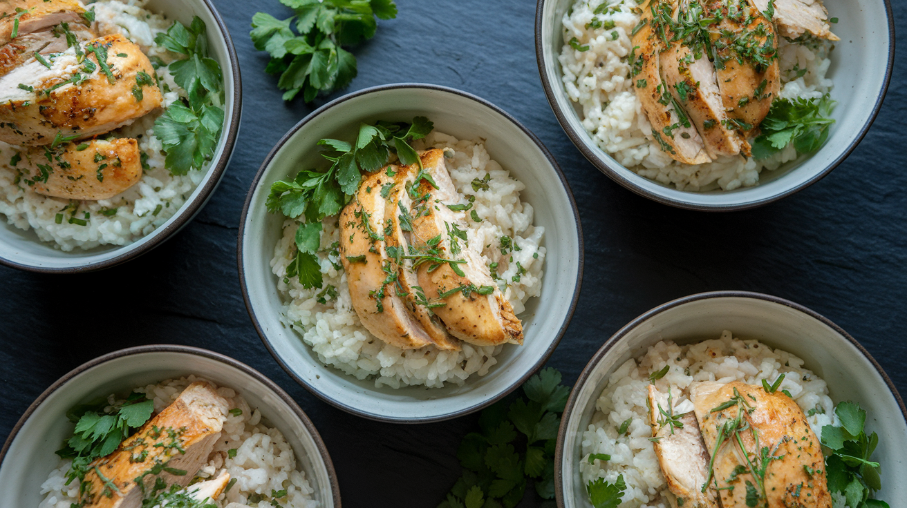 Five meal prep containers with herb-roasted chicken slices, lemon rice, and steamed broccoli and carrots, garnished with parsley