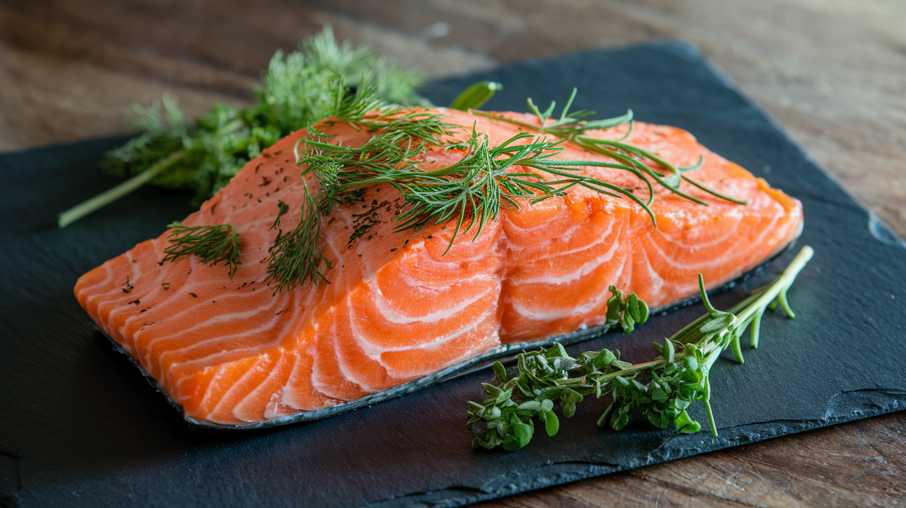 Baked salmon fillets topped with lemon slices and fresh dill, served with roasted asparagus and brown rice