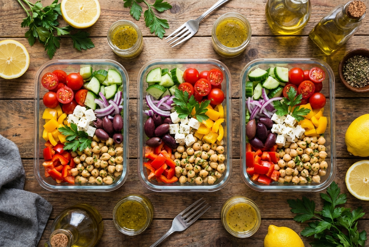 Glass meal prep container filled with chickpea salad featuring diced cucumber, cherry tomatoes, purple olives, and fresh parsley