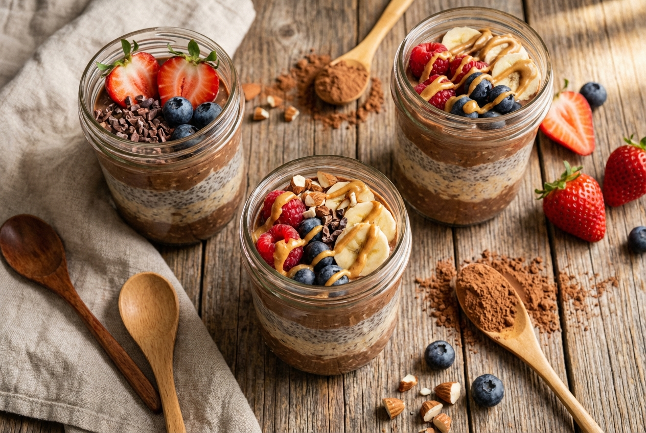 Five mason jars of dark chocolate overnight oats topped with banana slices and cacao nibs, lined up on a marble counter