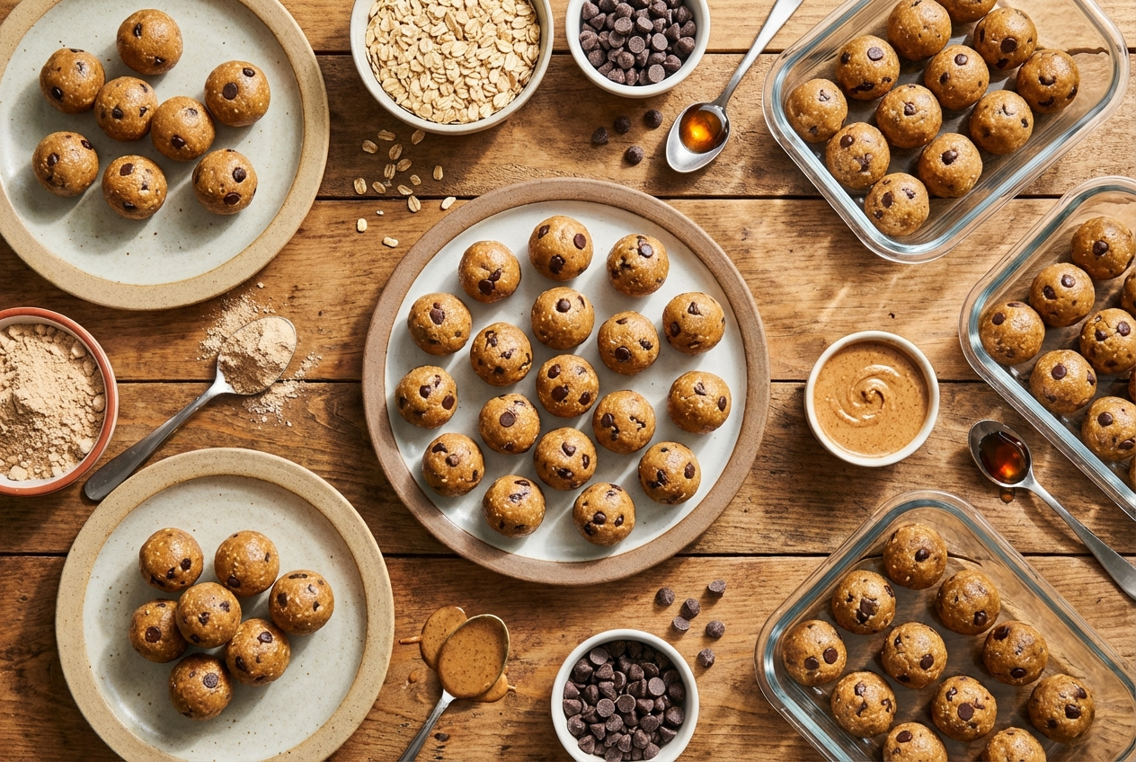 Rows of no-bake protein cookie dough bites with visible mini chocolate chips and oats on parchment paper