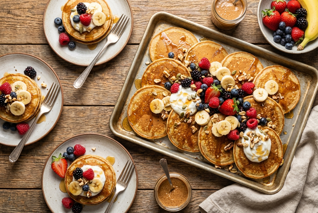 Sheet pan of golden protein pancakes dotted with blueberries, cut into 8 neat rectangles on parchment paper