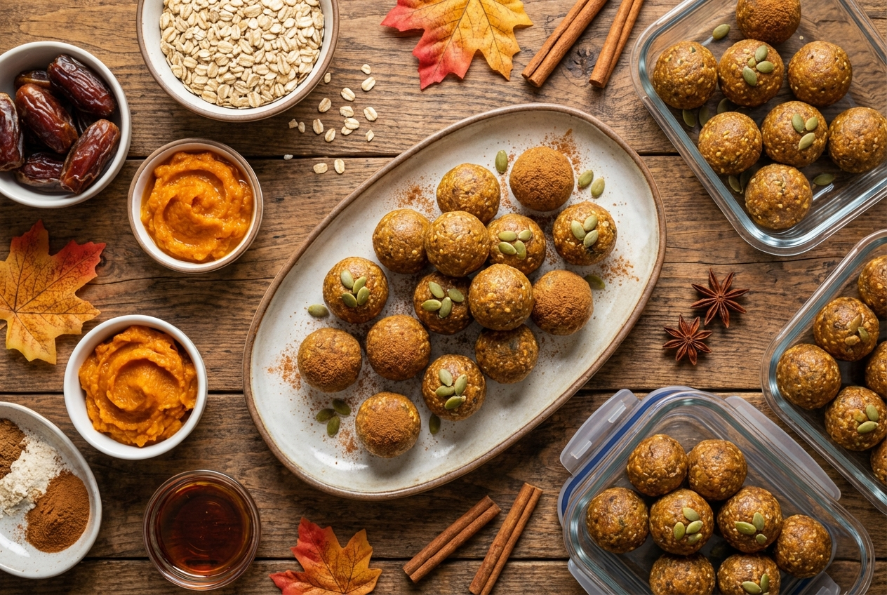 Orange-hued pumpkin spice protein energy balls topped with pepitas arranged on a wooden cutting board with a small pumpkin in the background