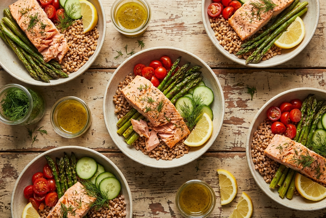 Four meal prep containers with lemon-dill baked salmon fillets, farro, and roasted asparagus spears with fresh dill garnish