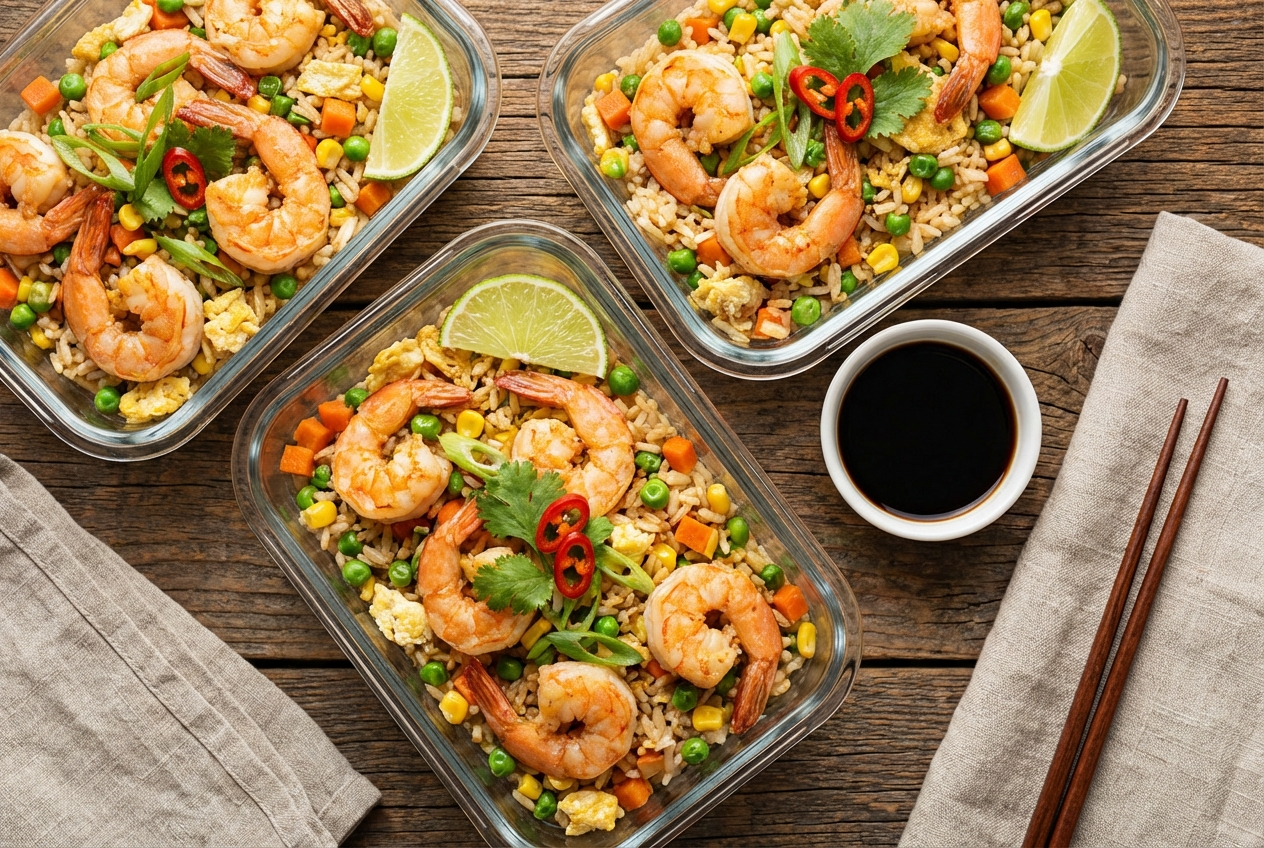 Shrimp fried rice with pink shrimp, scrambled egg pieces, peas, and carrots in a meal prep container with chopsticks