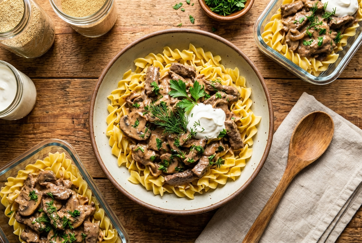 Bowl of creamy beef stroganoff with tender beef chunks and sliced mushrooms over egg noodles garnished with parsley